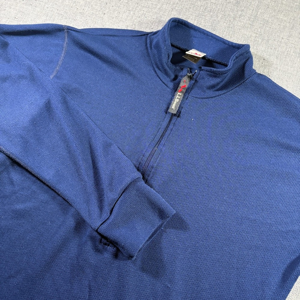 LL Bean Outdoors Mens Navy Blue Waffle Knit 1/4 Zip Pullover Medium Base Layer